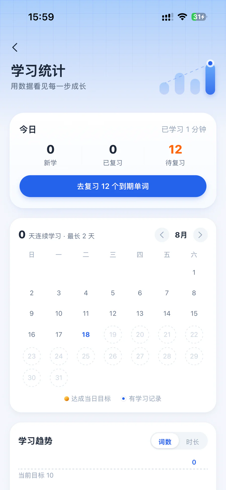 韩贝学习统计页面,展示每日学习和复习进度